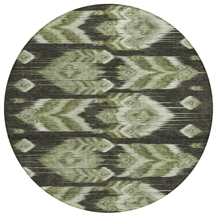 8' Olive Green And Artichoke Green Round Southwestern Washable Indoor Outdoor Area Rug