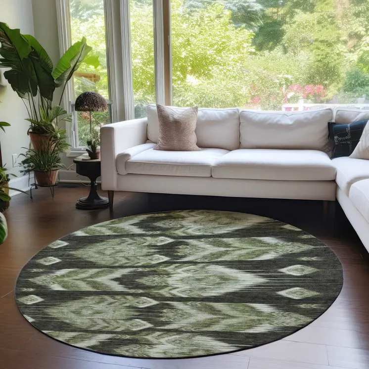 8' Olive Green And Artichoke Green Round Southwestern Washable Indoor Outdoor Area Rug