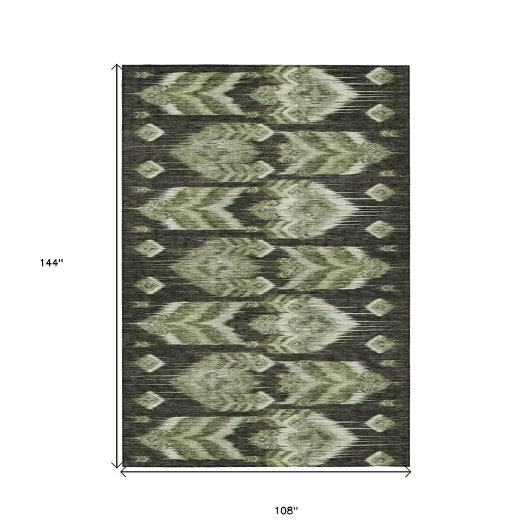 9' X 12' Olive Green And Artichoke Green Southwestern Washable Indoor Outdoor Area Rug