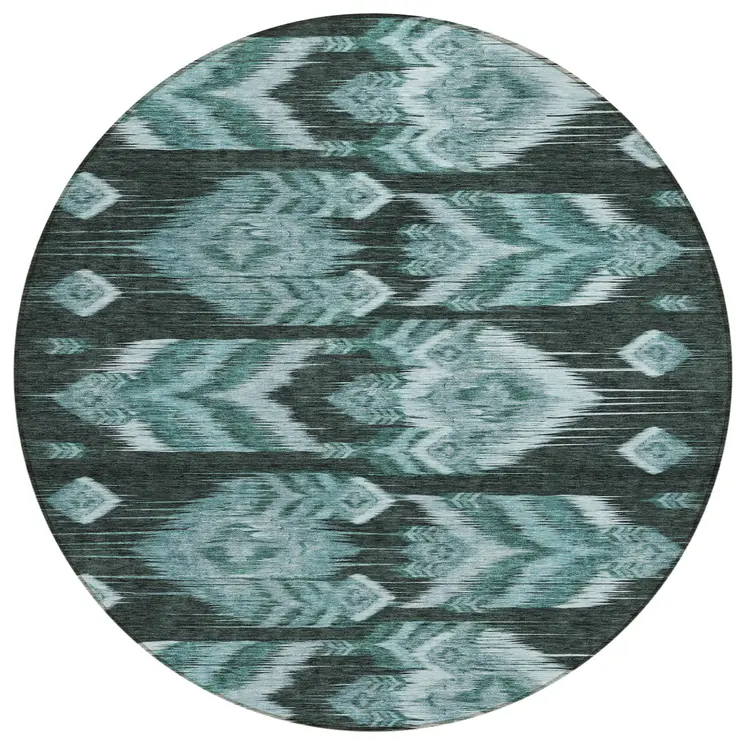 8' Teal Blue Aqua And Charcoal Round Southwestern Washable Indoor Outdoor Area Rug