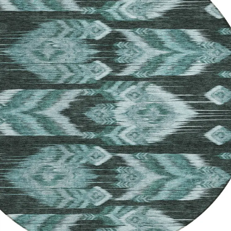 8' Teal Blue Aqua And Charcoal Round Southwestern Washable Indoor Outdoor Area Rug