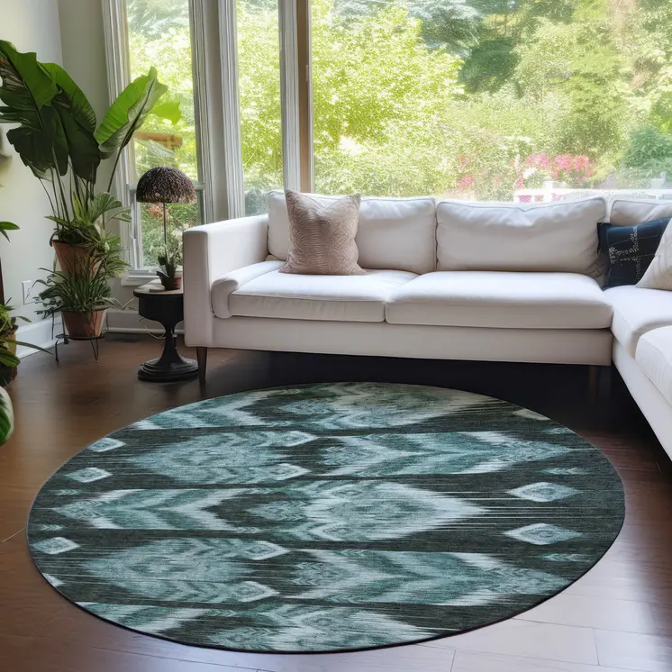 8' Teal Blue Aqua And Charcoal Round Southwestern Washable Indoor Outdoor Area Rug