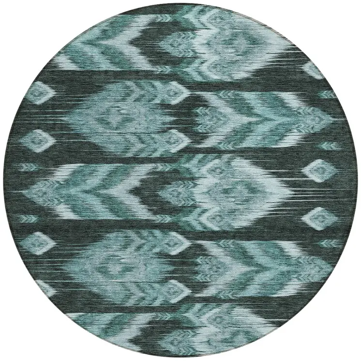 8' Teal Blue Aqua And Charcoal Round Southwestern Washable Indoor Outdoor Area Rug