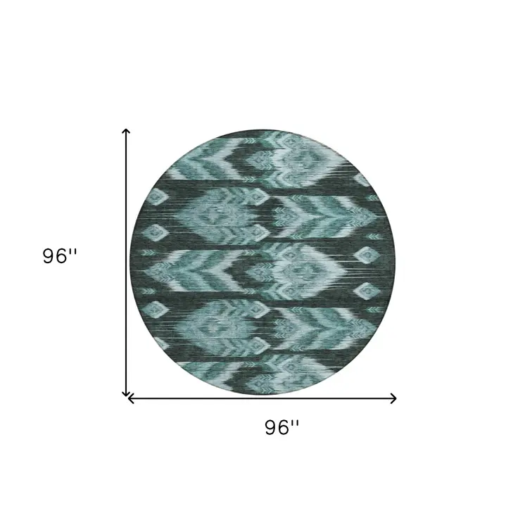 8' Teal Blue Aqua And Charcoal Round Southwestern Washable Indoor Outdoor Area Rug