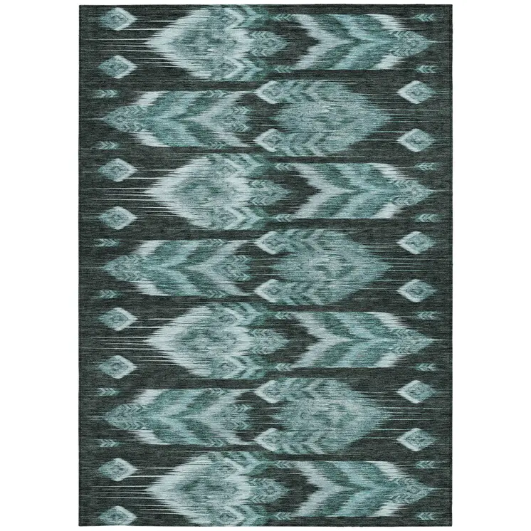 8' X 10' Teal Blue Aqua And Charcoal Southwestern Washable Indoor Outdoor Area Rug