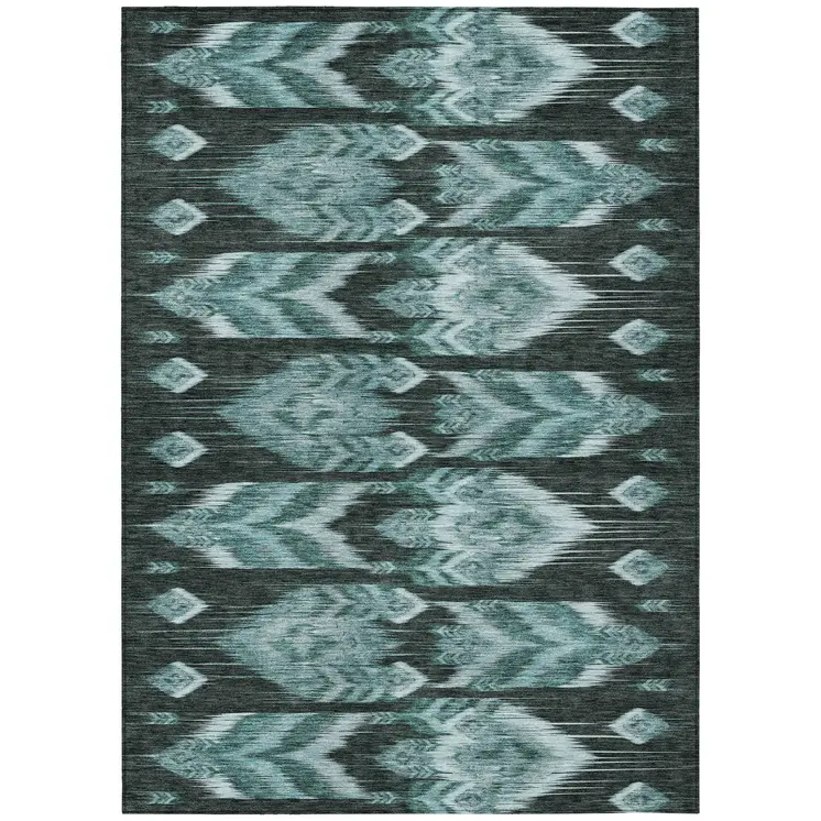 8' X 10' Teal Blue Aqua And Charcoal Southwestern Washable Indoor Outdoor Area Rug