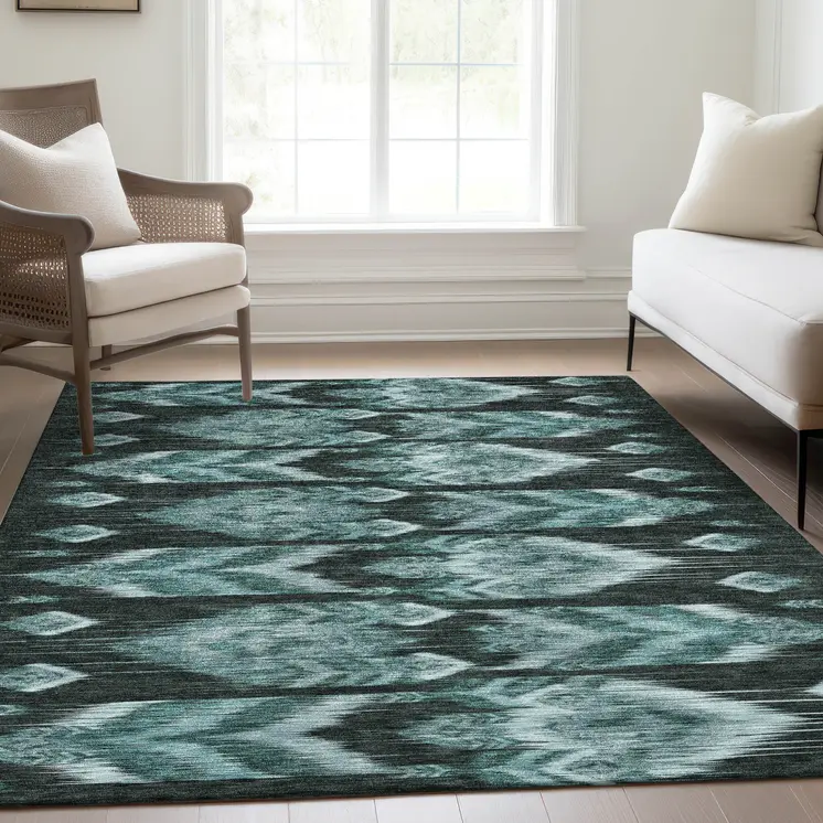 8' X 10' Teal Blue Aqua And Charcoal Southwestern Washable Indoor Outdoor Area Rug