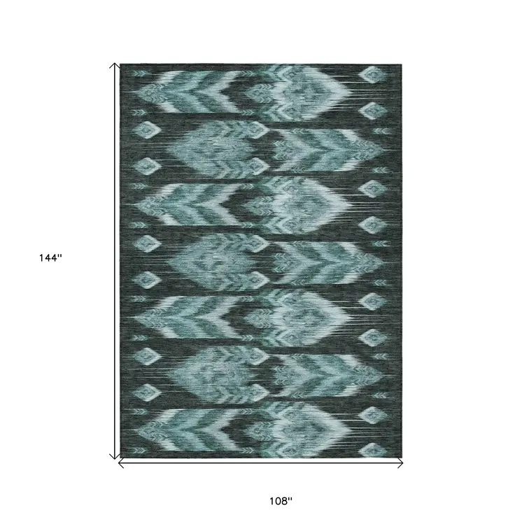 9' X 12' Teal Blue Aqua And Charcoal Southwestern Washable Indoor Outdoor Area Rug
