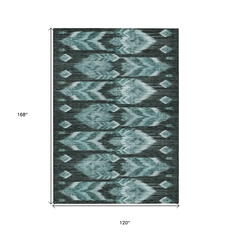 10' X 14' Teal Blue Aqua And Charcoal Southwestern Washable Indoor Outdoor Area Rug