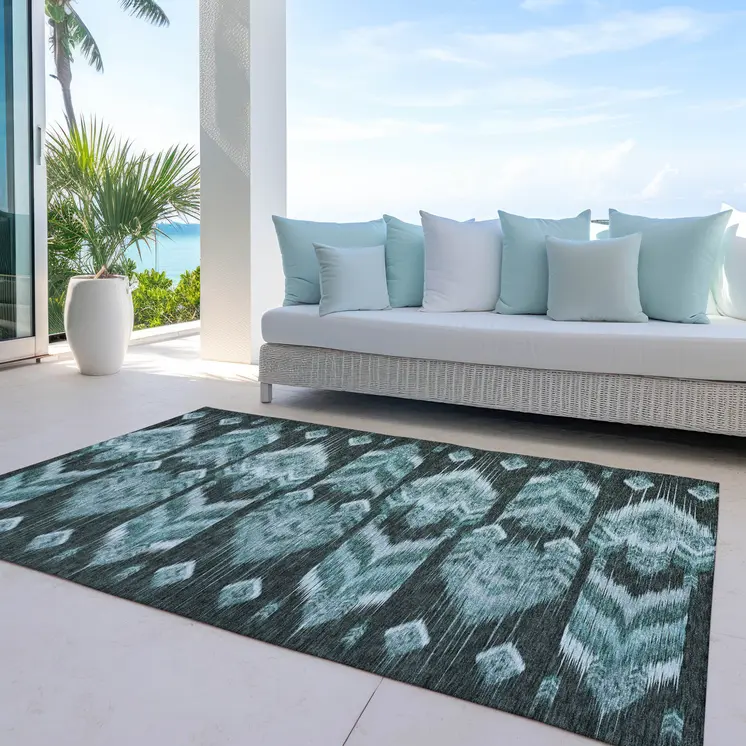 10' X 14' Teal Blue Aqua And Charcoal Southwestern Washable Indoor Outdoor Area Rug