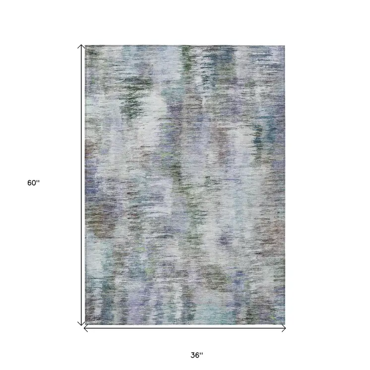 3' X 5' Green Gray And Purple Abstract Washable Indoor Outdoor Area Rug