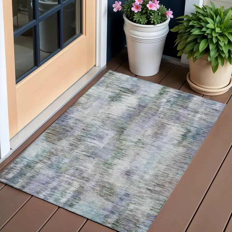 3' X 5' Green Gray And Purple Abstract Washable Indoor Outdoor Area Rug