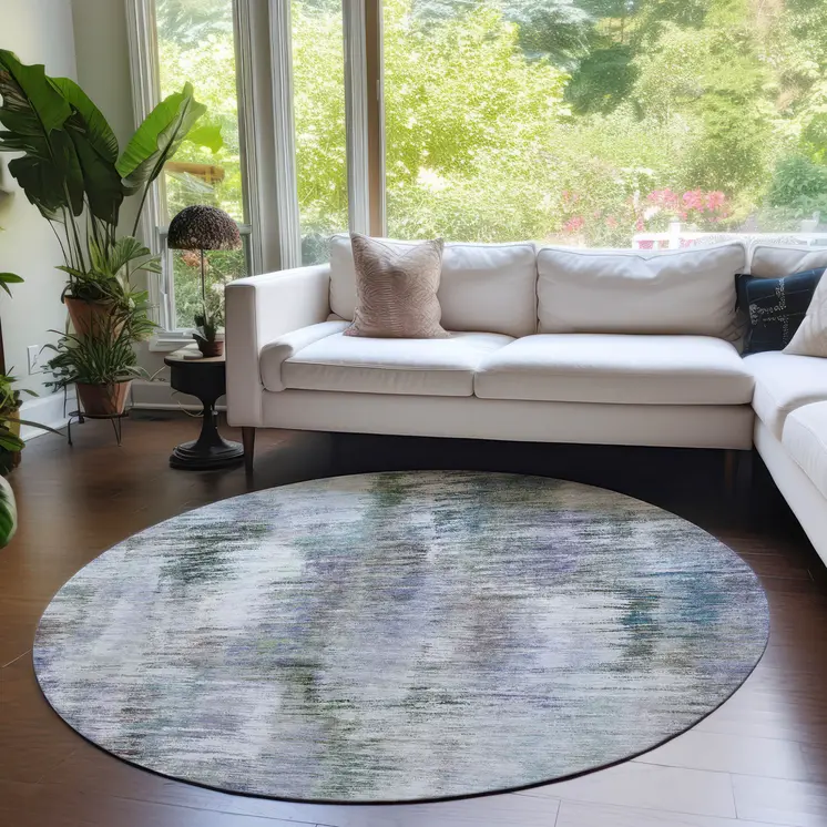8' Green Gray And Purple Round Abstract Washable Indoor Outdoor Area Rug