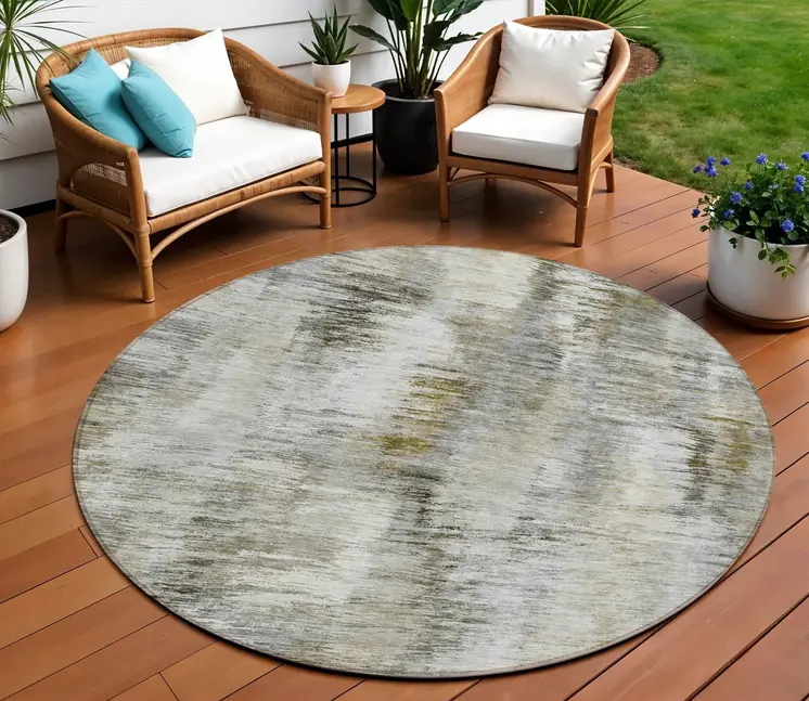 8' Brown And Taupe Round Abstract Washable Indoor Outdoor Area Rug