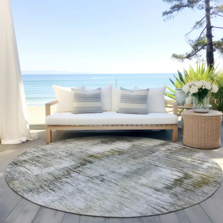8' Brown And Taupe Round Abstract Washable Indoor Outdoor Area Rug