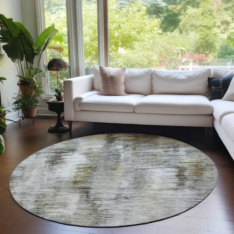 8' Brown And Taupe Round Abstract Washable Indoor Outdoor Area Rug