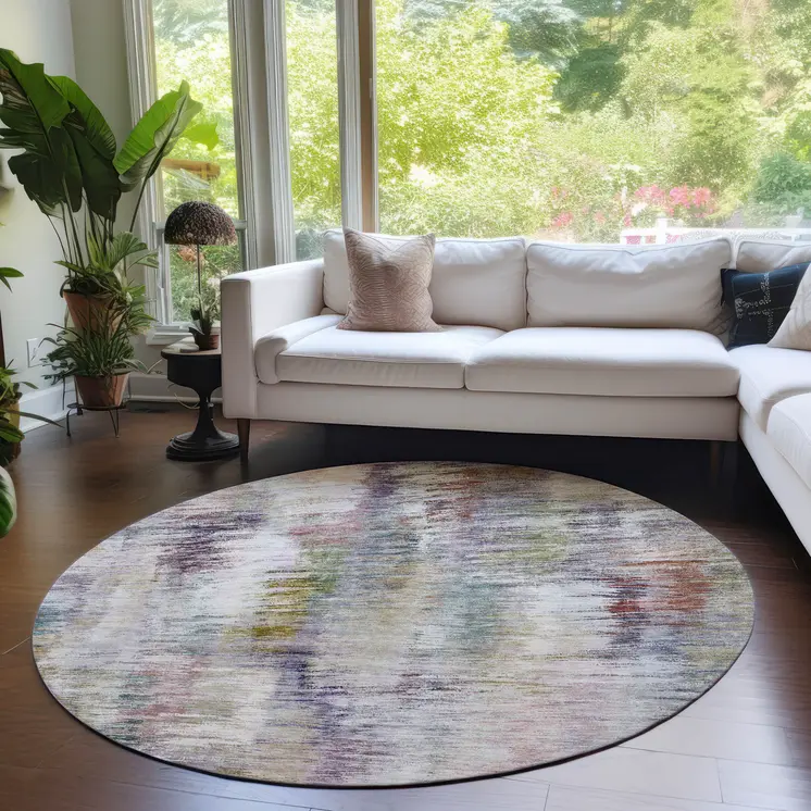 8' Plum Purple And Ivory Round Abstract Washable Indoor Outdoor Area Rug