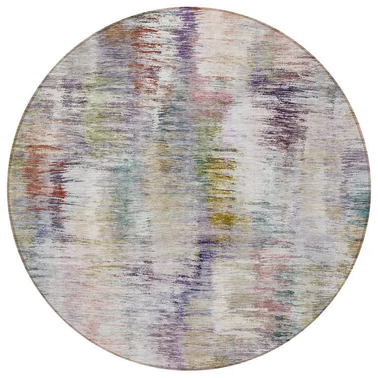 8' Plum Purple And Ivory Round Abstract Washable Indoor Outdoor Area Rug
