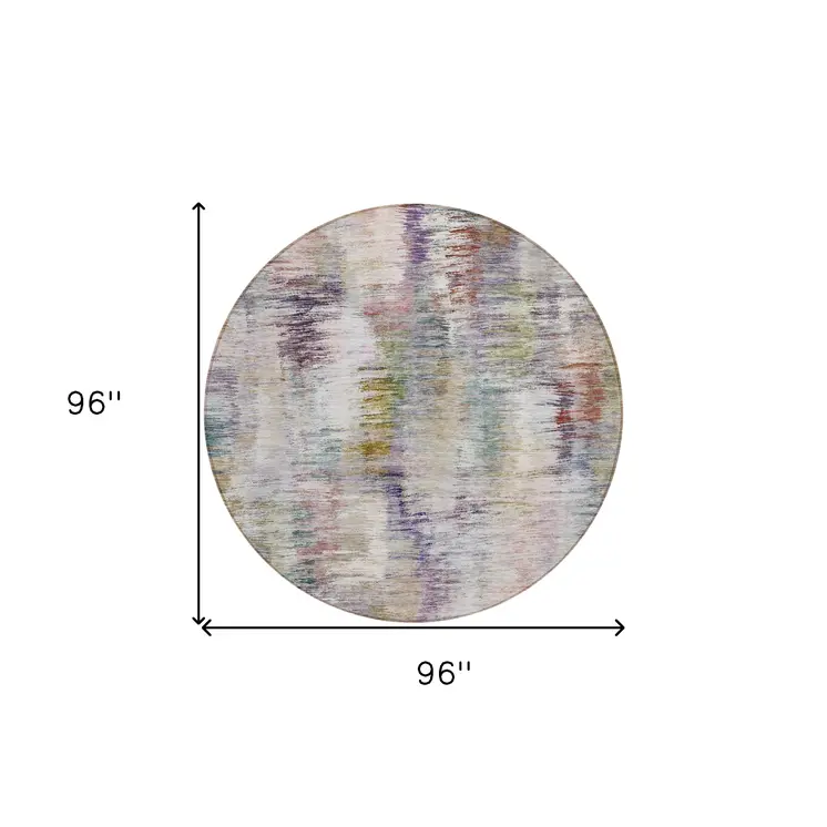 8' Plum Purple And Ivory Round Abstract Washable Indoor Outdoor Area Rug