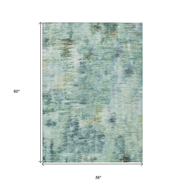 3' X 5' Teal Blue Green And Ivory Abstract Washable Indoor Outdoor Area Rug