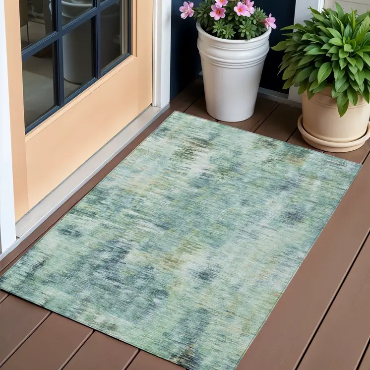 3' X 5' Teal Blue Green And Ivory Abstract Washable Indoor Outdoor Area Rug
