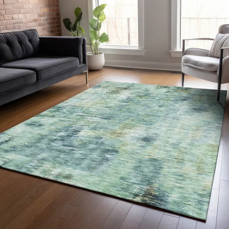 3' X 5' Teal Blue Green And Ivory Abstract Washable Indoor Outdoor Area Rug