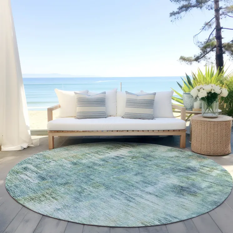 8' Teal Blue Green And Ivory Round Abstract Washable Indoor Outdoor Area Rug