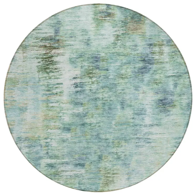 8' Teal Blue Green And Ivory Round Abstract Washable Indoor Outdoor Area Rug