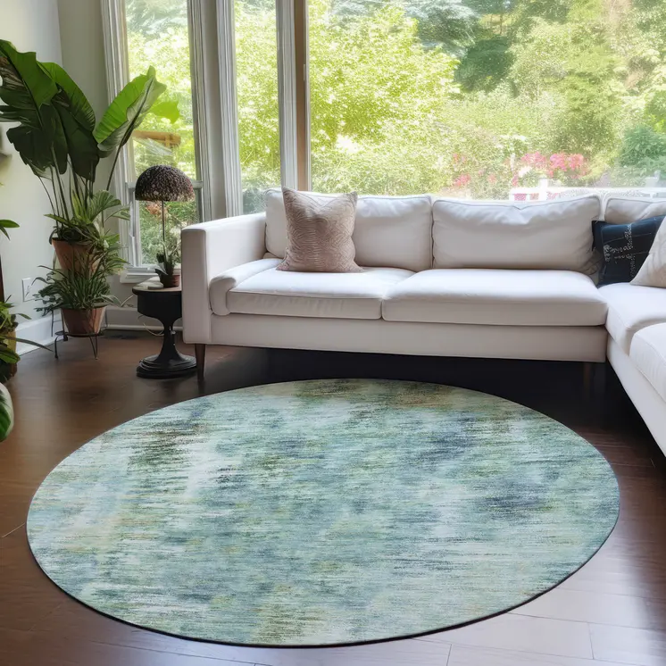 8' Teal Blue Green And Ivory Round Abstract Washable Indoor Outdoor Area Rug
