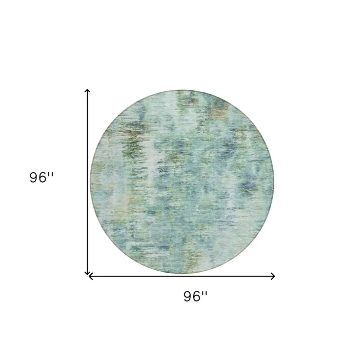 8' Teal Blue Green And Ivory Round Abstract Washable Indoor Outdoor Area Rug