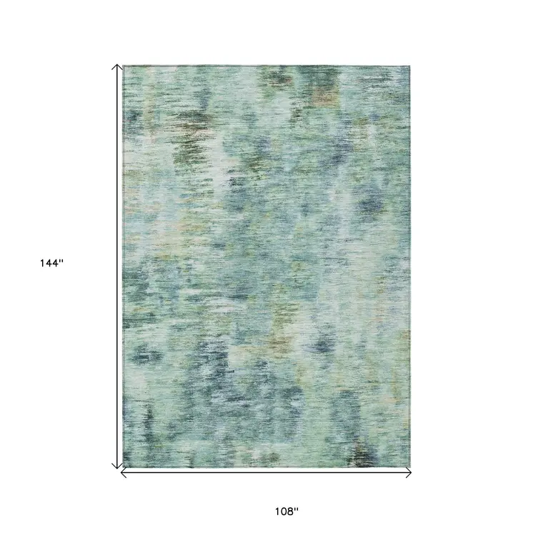 9' X 12' Teal Blue Green And Ivory Abstract Washable Indoor Outdoor Area Rug