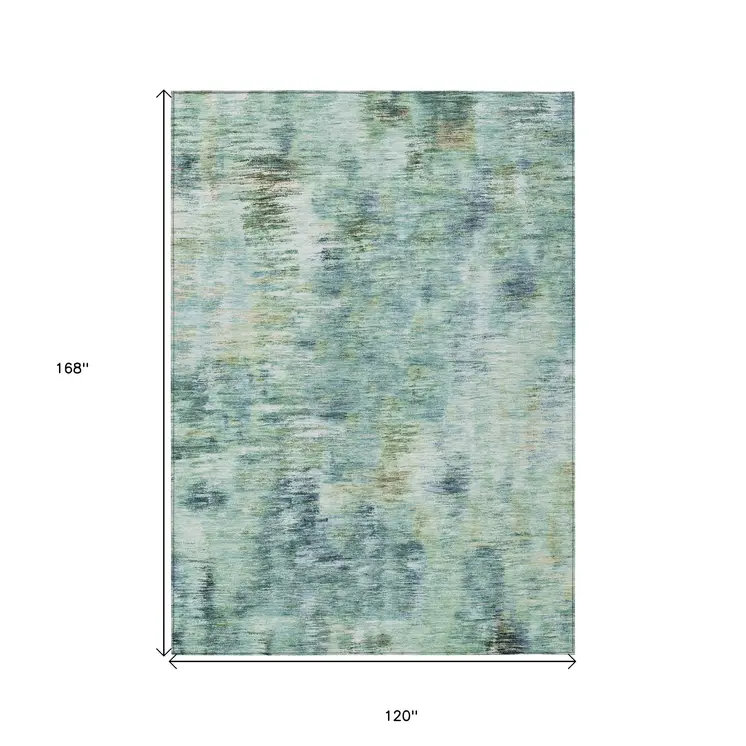 10' X 14' Teal Blue Green And Ivory Abstract Washable Indoor Outdoor Area Rug