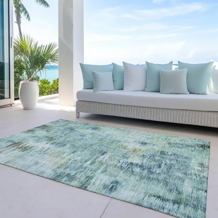 10' X 14' Teal Blue Green And Ivory Abstract Washable Indoor Outdoor Area Rug