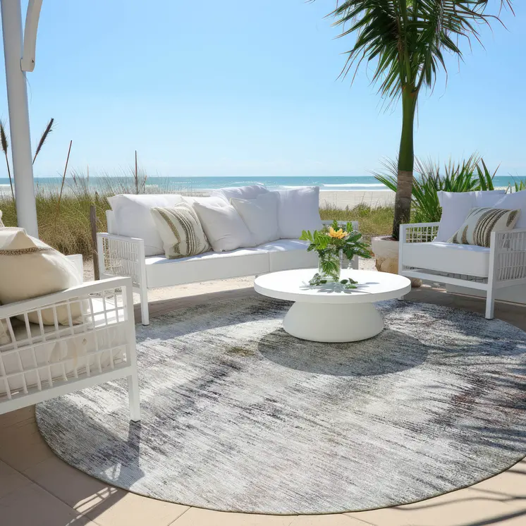 8' Taupe Gray And Silver Round Abstract Washable Indoor Outdoor Area Rug