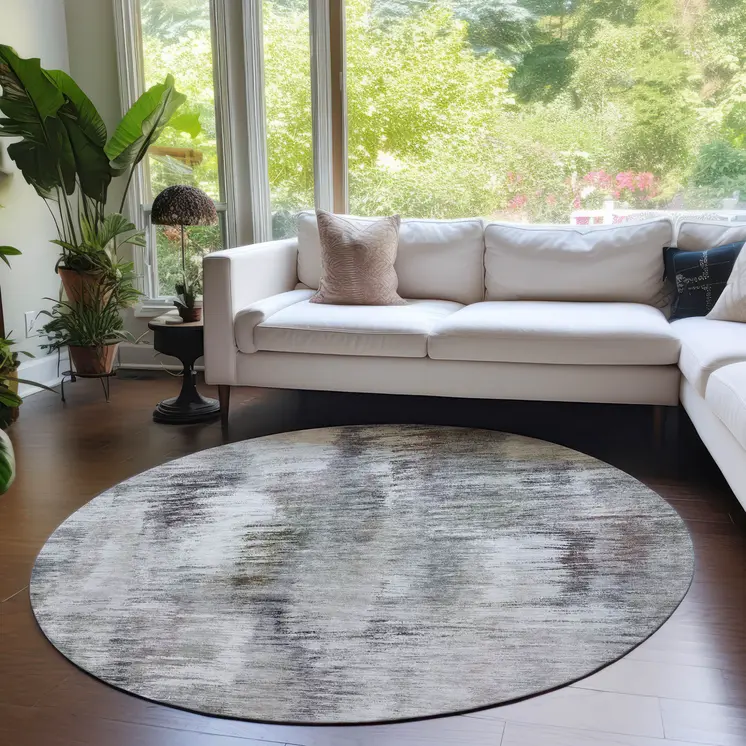 8' Taupe Gray And Silver Round Abstract Washable Indoor Outdoor Area Rug