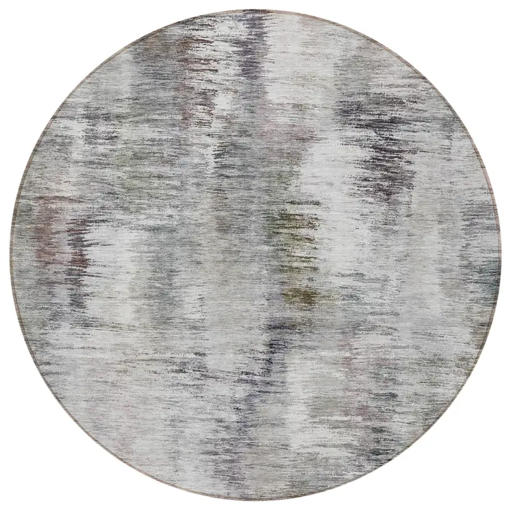 8' Taupe Gray And Silver Round Abstract Washable Indoor Outdoor Area Rug