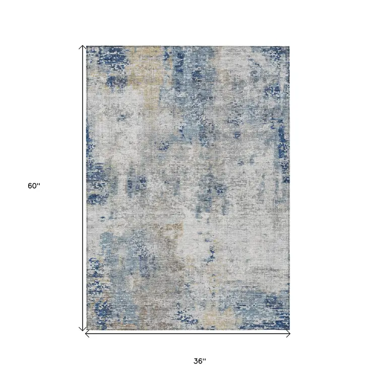 3' X 5' Denim Blue And Sky Blue Abstract Washable Indoor Outdoor Area Rug