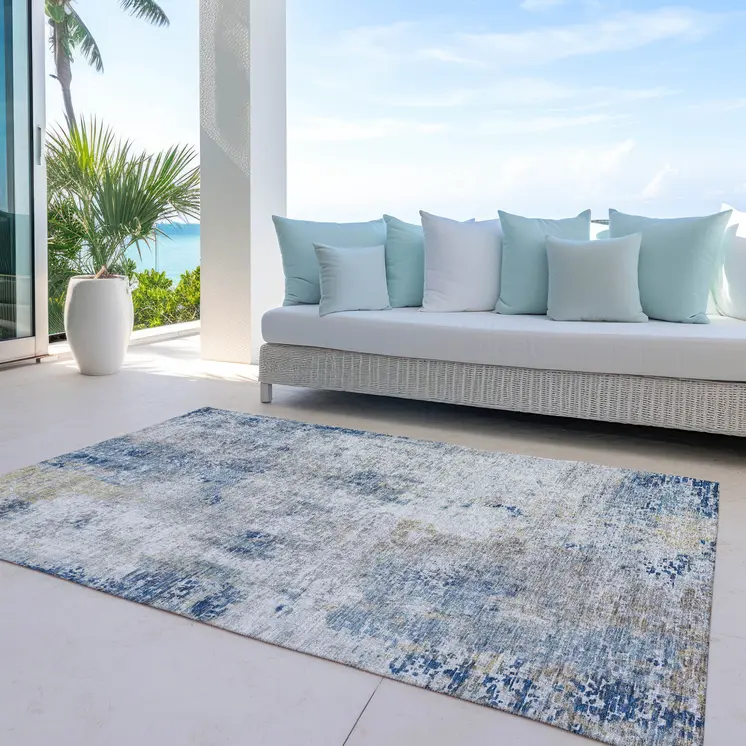 10' X 14' Denim Blue And Sky Blue Abstract Washable Indoor Outdoor Area Rug
