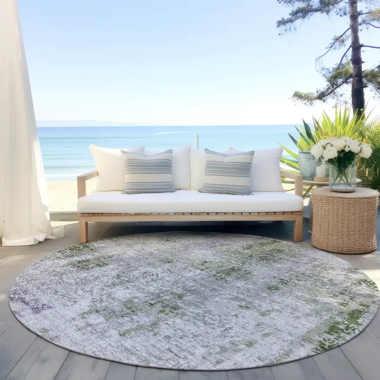 8' Olive Green And Gray Round Abstract Washable Indoor Outdoor Area Rug