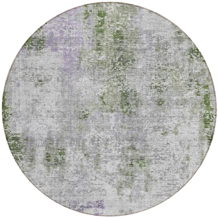 8' Olive Green And Gray Round Abstract Washable Indoor Outdoor Area Rug