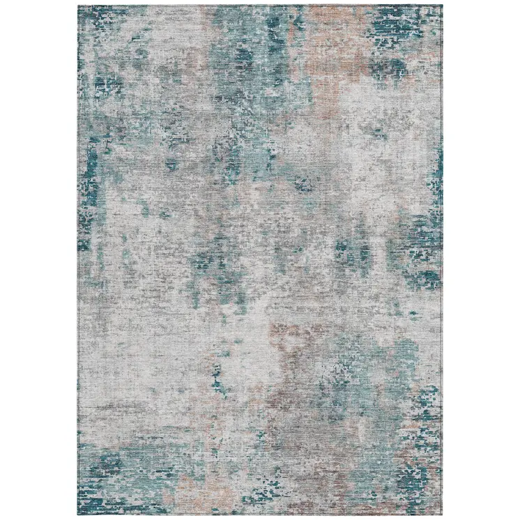 3' X 5' Teal Blue Beige And Copper Abstract Washable Indoor Outdoor Area Rug