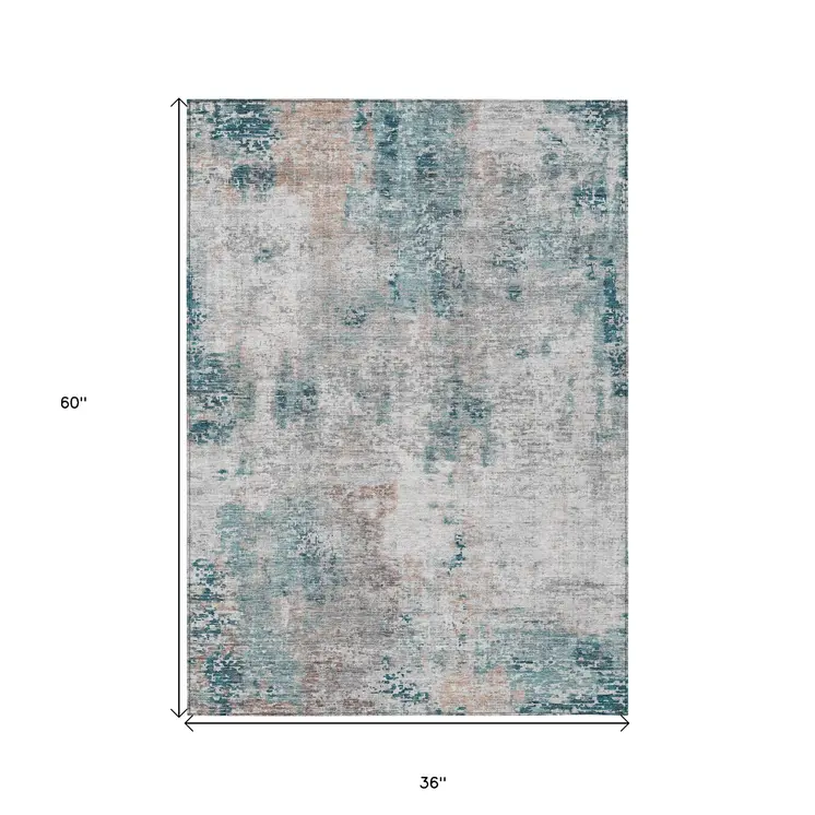 3' X 5' Teal Blue Beige And Copper Abstract Washable Indoor Outdoor Area Rug