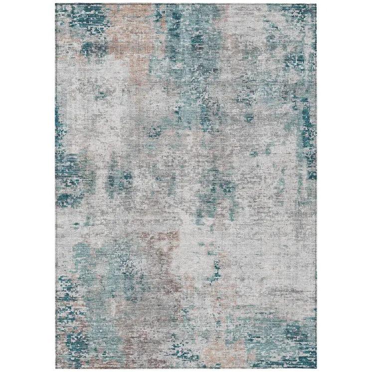 3' X 5' Teal Blue Beige And Copper Abstract Washable Indoor Outdoor Area Rug