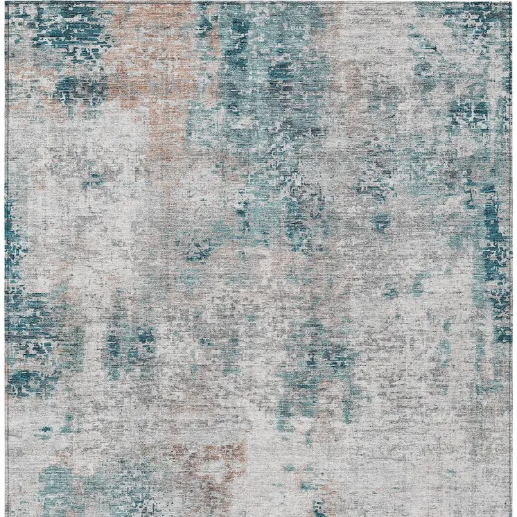 3' X 5' Teal Blue Beige And Copper Abstract Washable Indoor Outdoor Area Rug