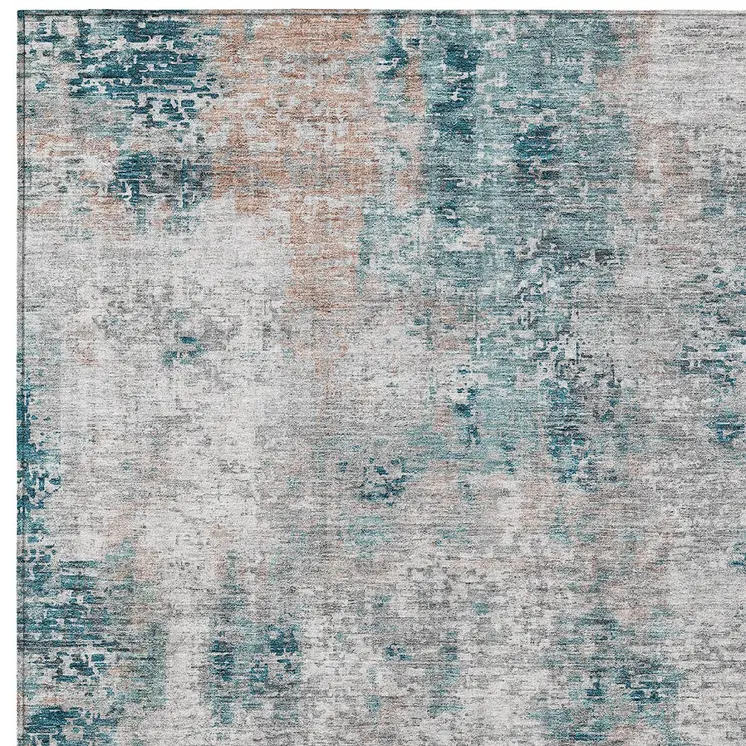 5' X 8' Teal Blue Beige And Copper Abstract Washable Indoor Outdoor Area Rug