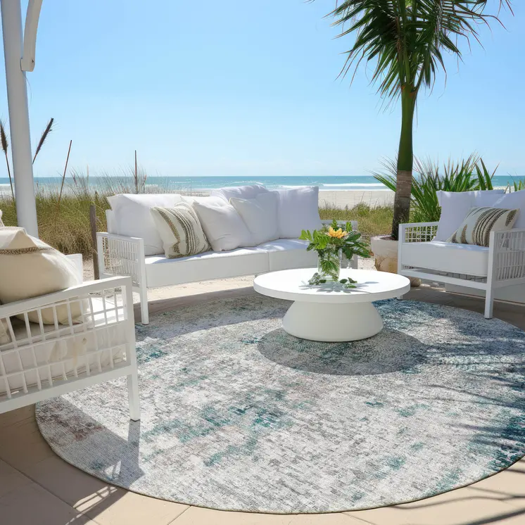 8' Teal Blue Beige And Copper Round Abstract Washable Indoor Outdoor Area Rug