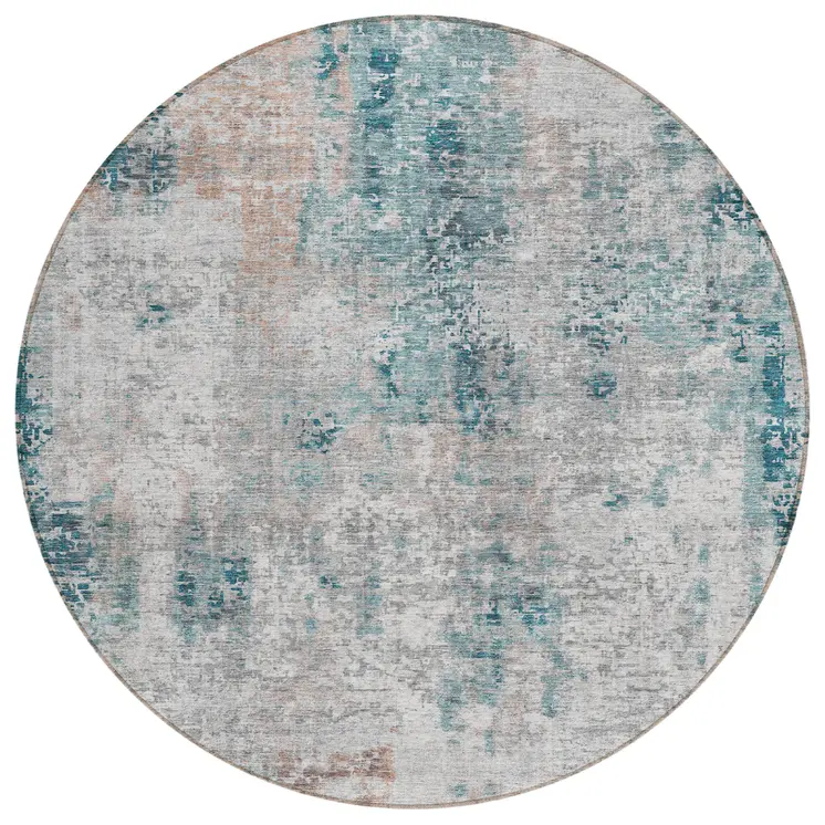8' Teal Blue Beige And Copper Round Abstract Washable Indoor Outdoor Area Rug