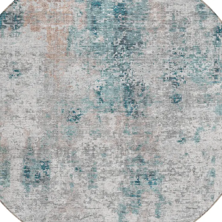 8' Teal Blue Beige And Copper Round Abstract Washable Indoor Outdoor Area Rug