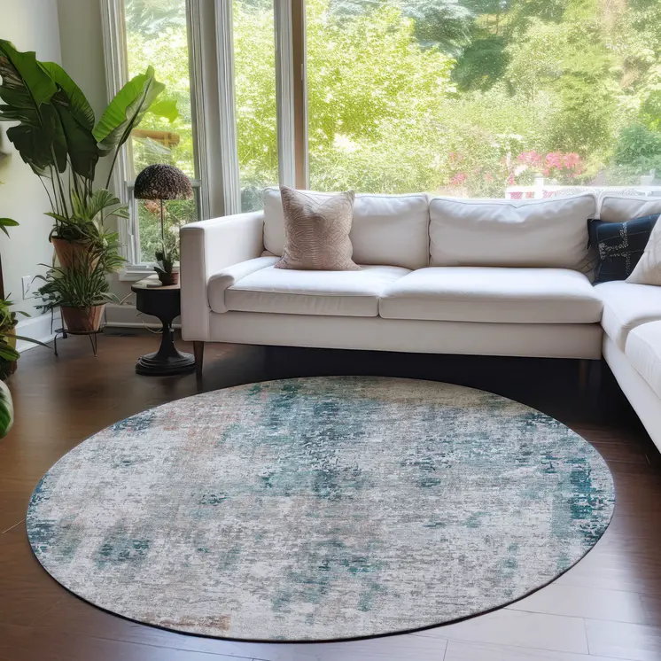 8' Teal Blue Beige And Copper Round Abstract Washable Indoor Outdoor Area Rug