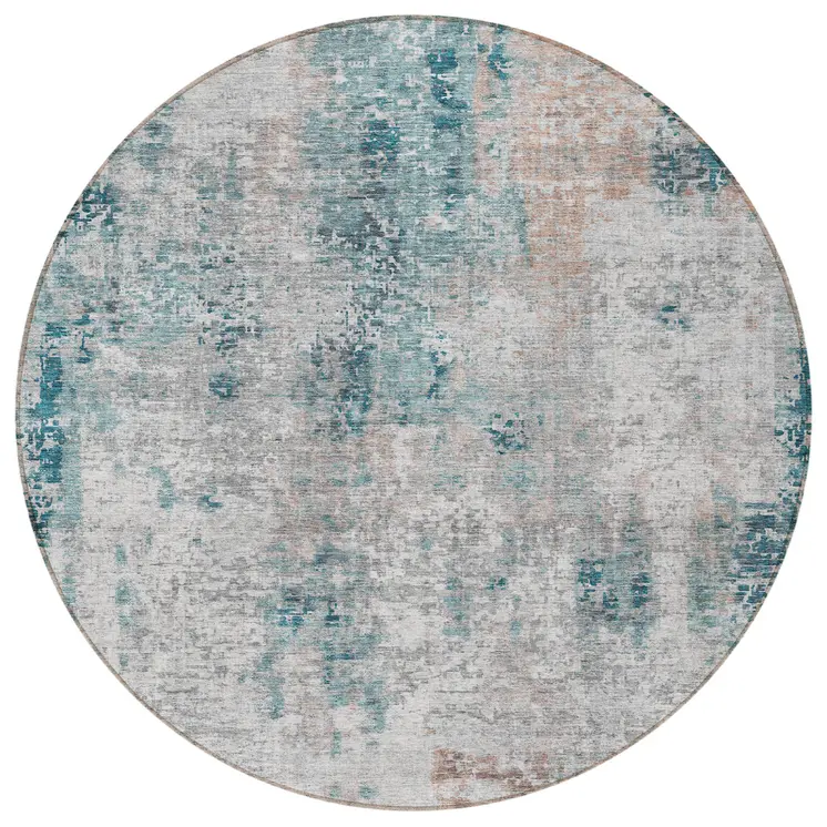 8' Teal Blue Beige And Copper Round Abstract Washable Indoor Outdoor Area Rug